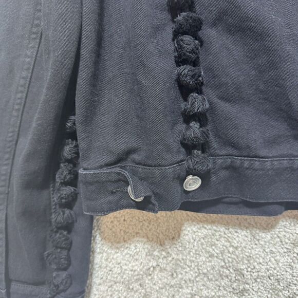 Free The Roses Denim Jean Jacket Black Pom Pom Women's Large Button Up - Picture 10 of 12